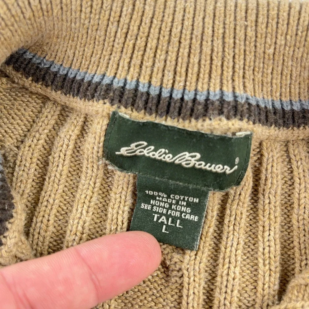Eddie Bauer Sweater Men Large Tall Brown Heavy Cable Knit Pullover Textured - Picture 7 of 12